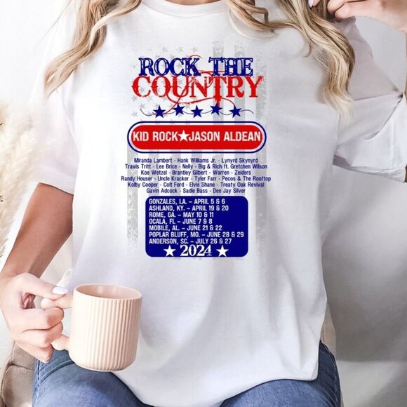 Olin D Tops - Rock The Country 2024 Concert Graphic T-Shirt Jason Aldean Kid Rock Fan Tee 91